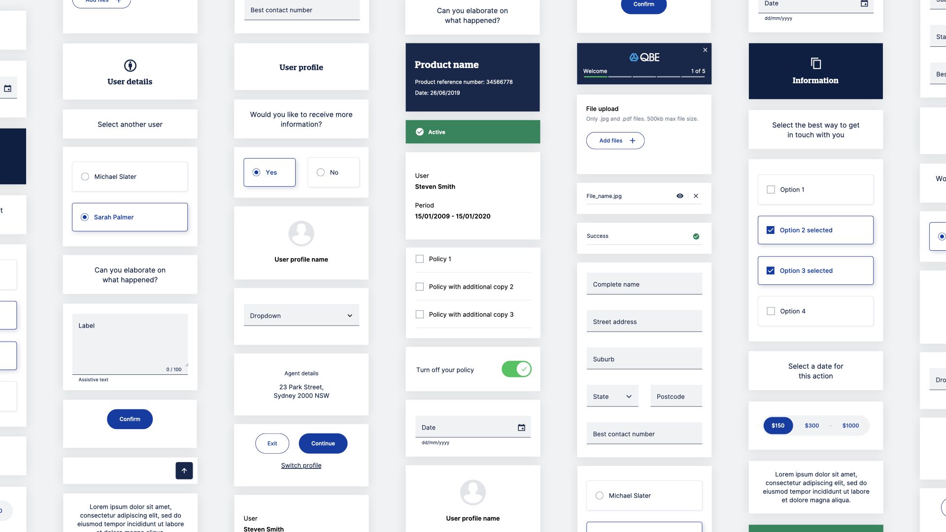 QBE Design System component library: form fields, cards, toggles, date pickers and dialogs