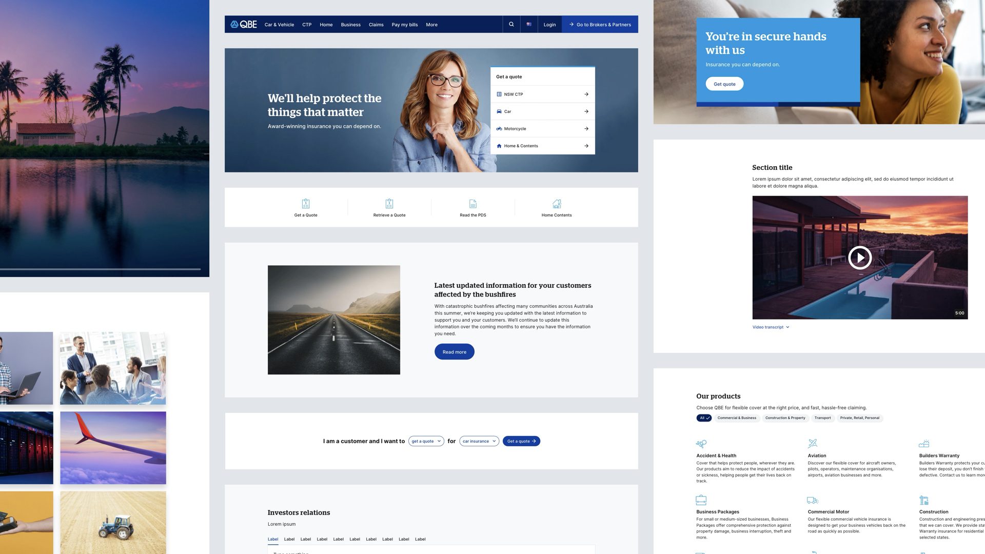 QBE marketing page templates built from design system blocks, shown across several layouts