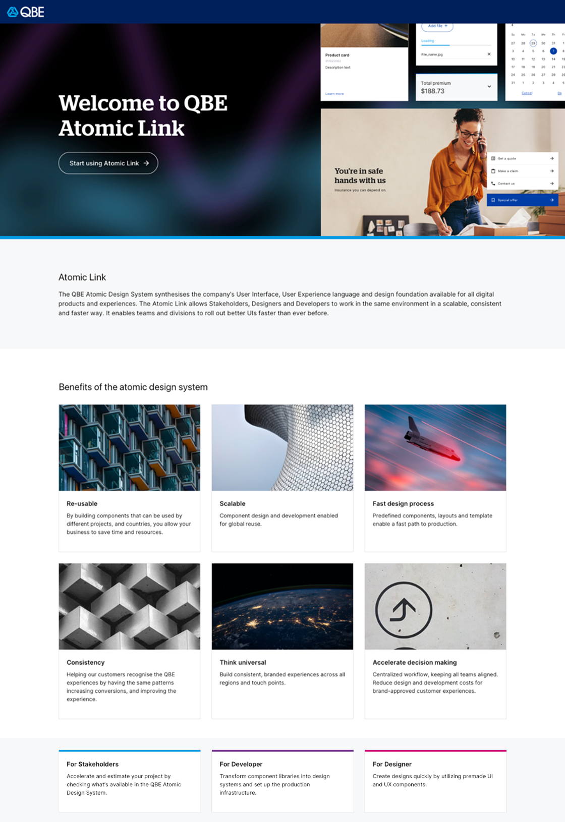 Atomic Link, the QBE Design System hub: welcome page with component galleries and guidance