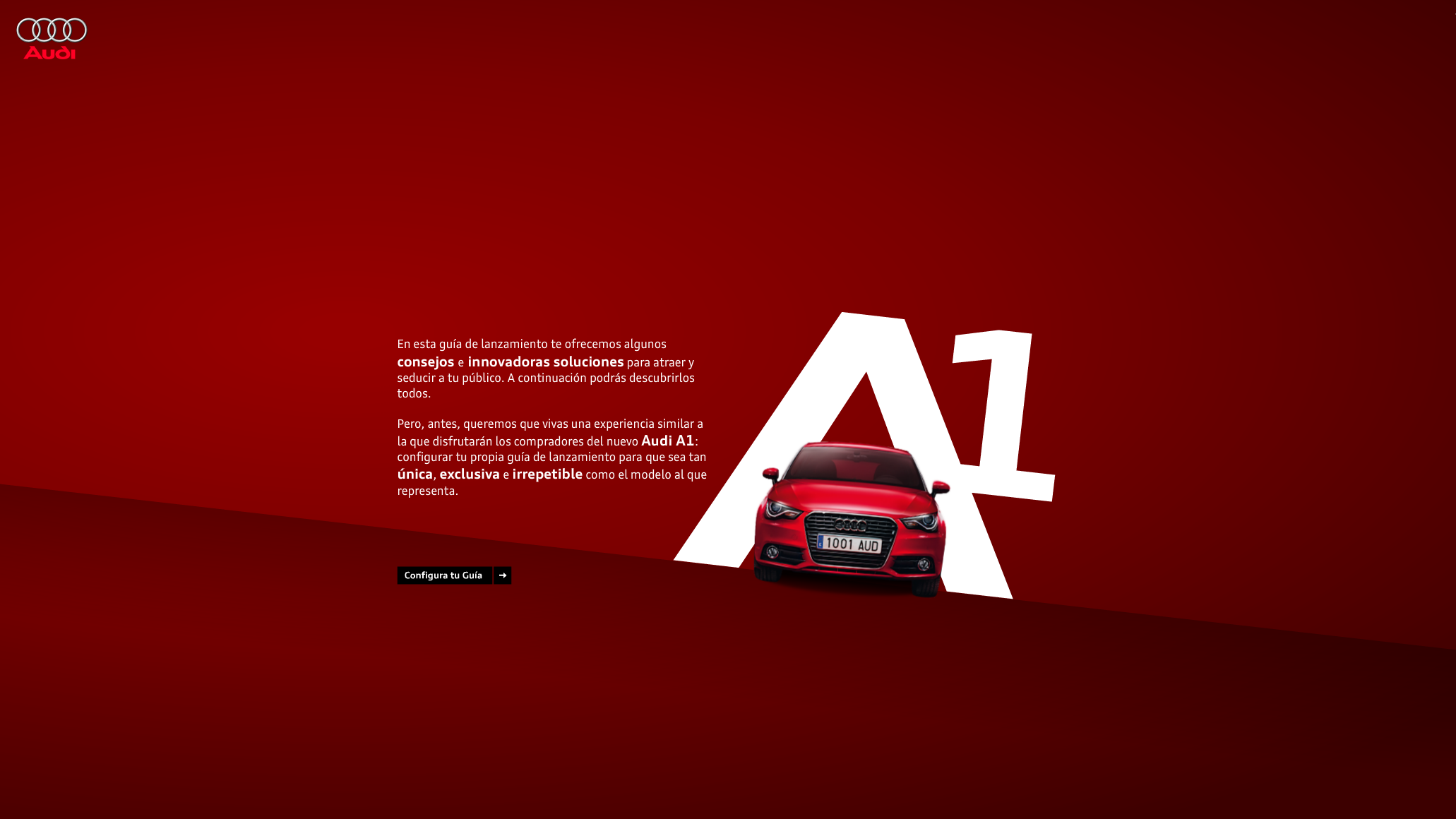 Audi A1 launch website: red hero screen with the A1 lettering and the car