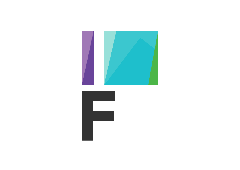 Idea Factory monogram, an F built from overlapping colour blocks