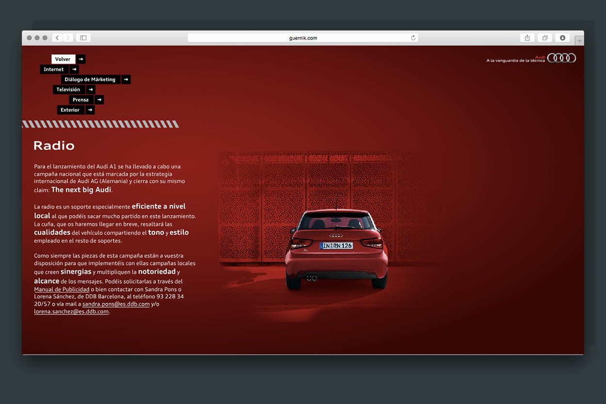 Audi website radio and audio section on a deep red background