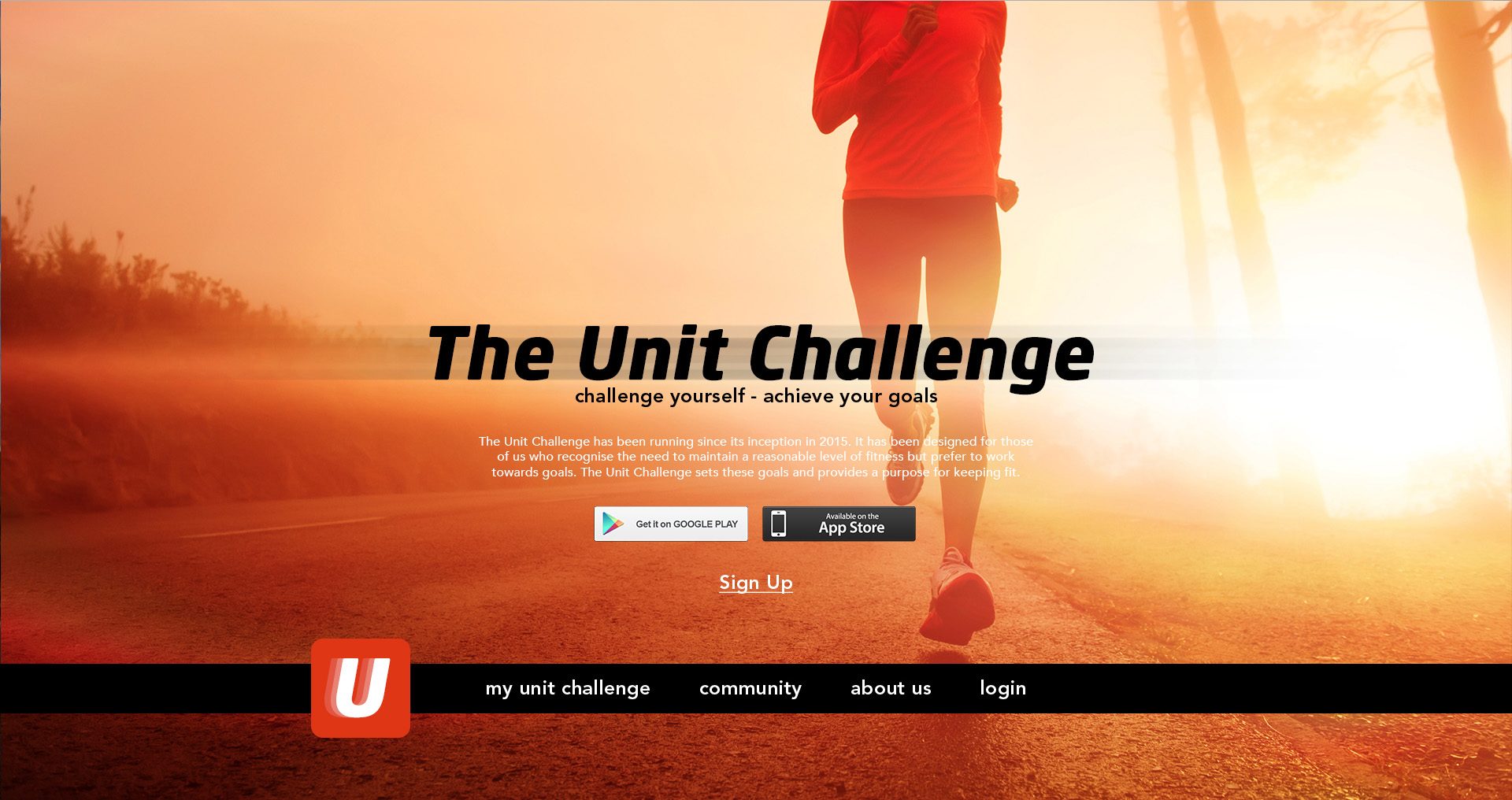 The Unit Challenge website header with a runner at sunrise