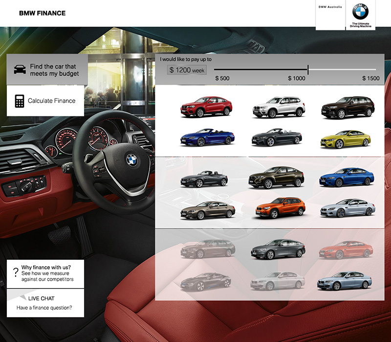 BMW Finance web app: car selection grid showing BMW models filtered by monthly budget