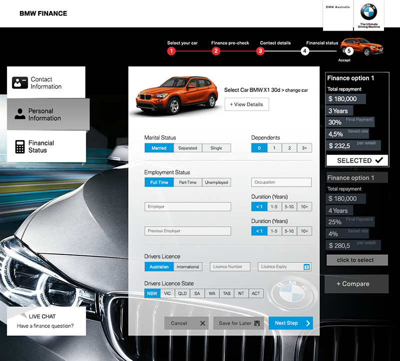BMW Finance web app: contact and financial details form with side-by-side finance comparison