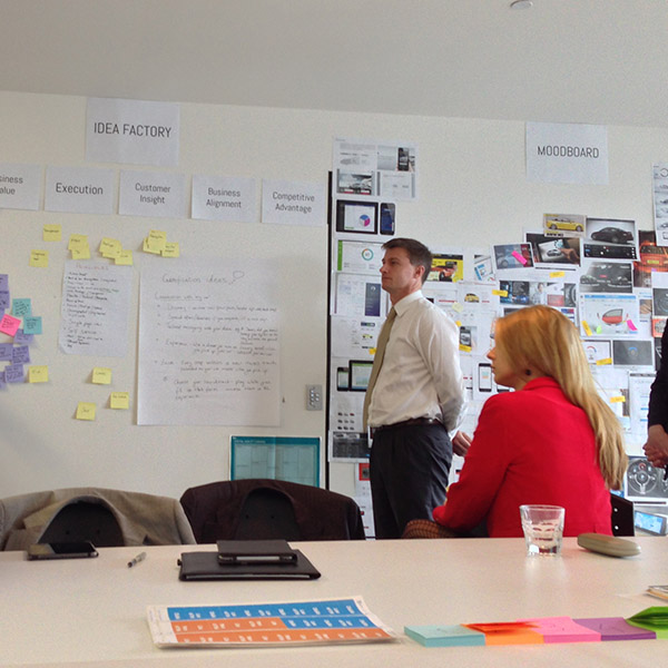 Stakeholder workshop in progress, with the Idea Factory framework mapped out on the wall