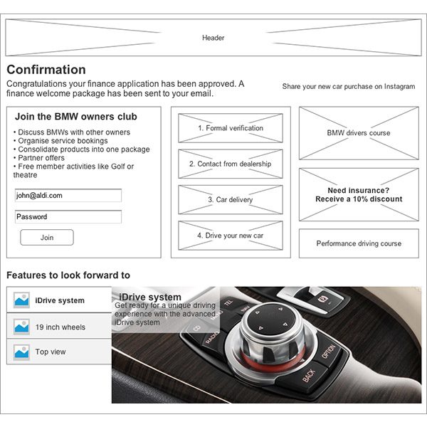 BMW finance application wireframe: approval confirmation screen with next steps and owners club sign-up
