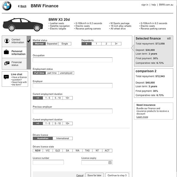 BMW Finance high fidelity screen: personal details form with selected finance summary