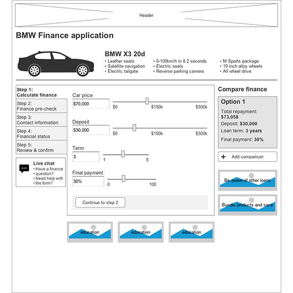 BMW finance application wireframe: step one, calculating finance with price and deposit sliders