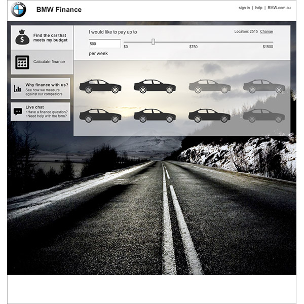 BMW Finance screen: find the car that meets your budget, with a monthly payment slider