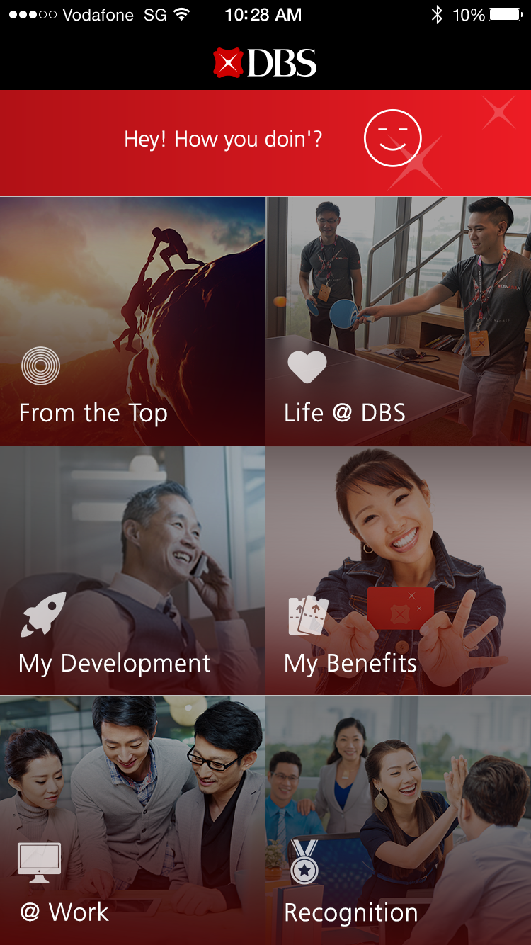 DBS employee app home screen: a grid of shortcuts for From the Top, Life at DBS, Development, Benefits, Work and Recognition