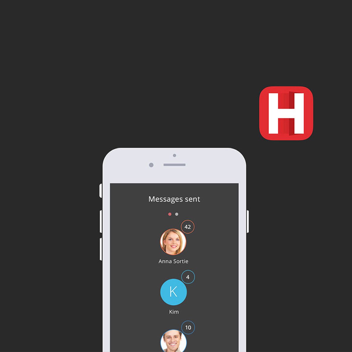 HelloooApp on iPhone showing the Messages sent screen with contact avatars and delivery counts