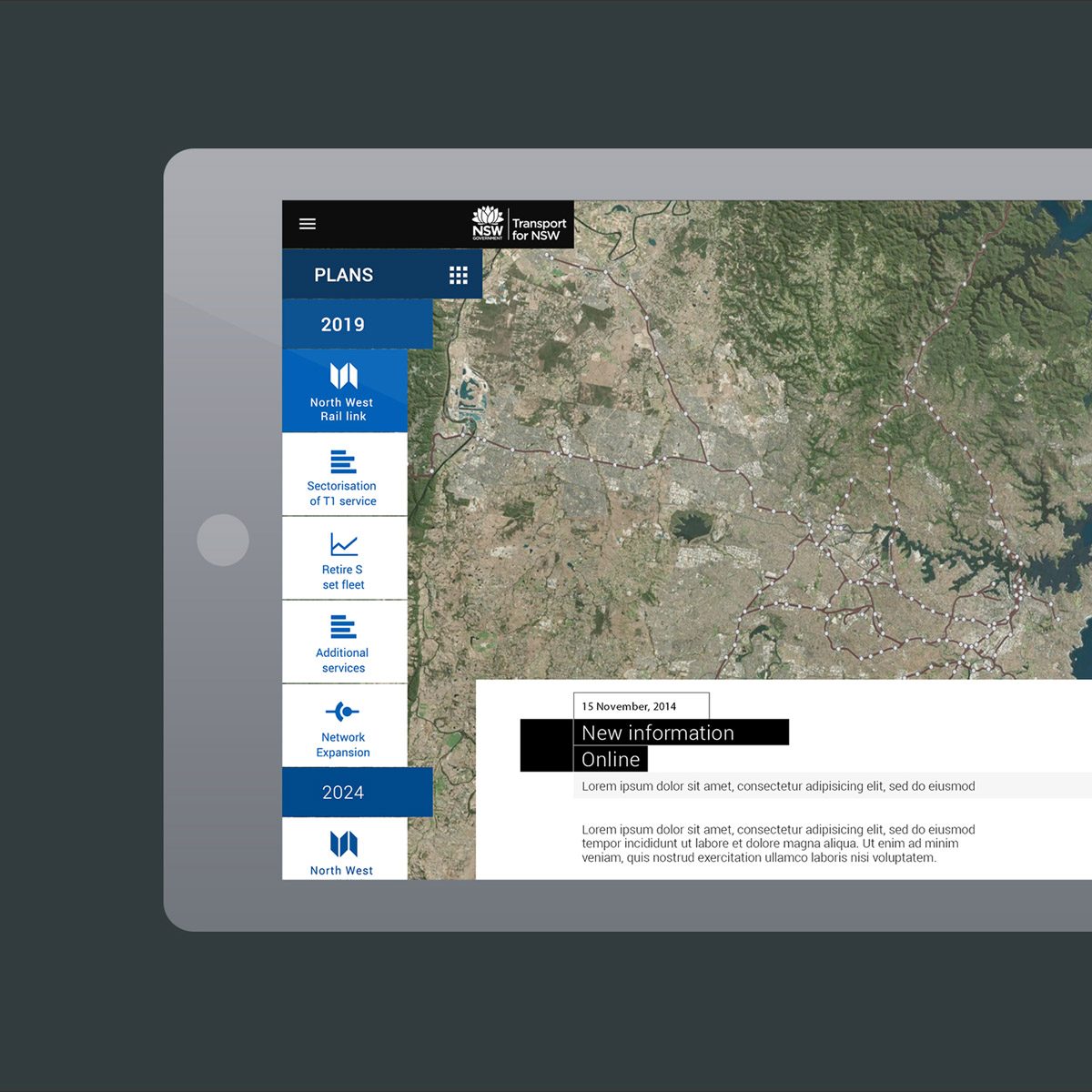 Transport for NSW tablet app showing a rail network map of New South Wales with a plans sidebar