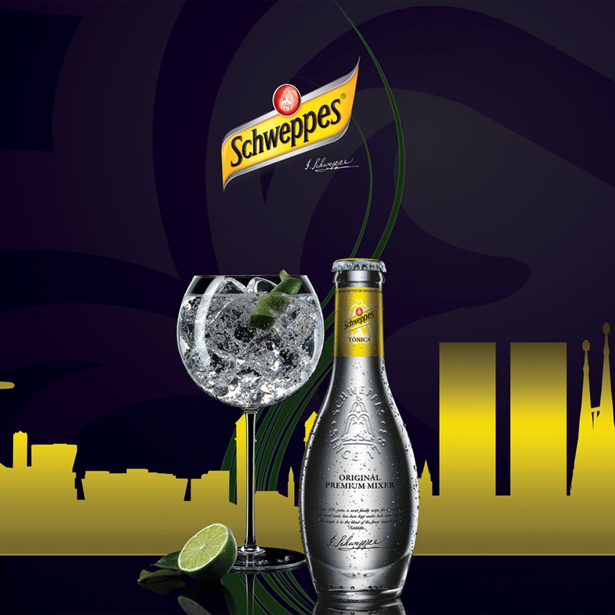Schweppes Premium Mixer bottle beside a gin and tonic glass against a yellow city skyline