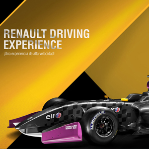 Renault Driving Experience key visual: Formula 3.5 race car on a yellow and black graphic background