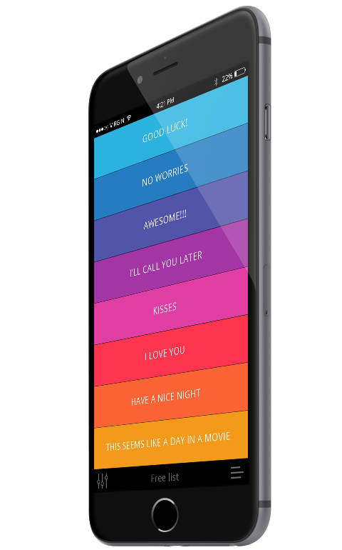 HelloooApp shown on iPhone from the side, with its colour-coded ready-made messages