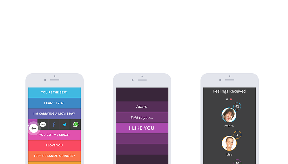 Three HelloooApp screens showing ready-made messages, sending a reply and the received confirmation