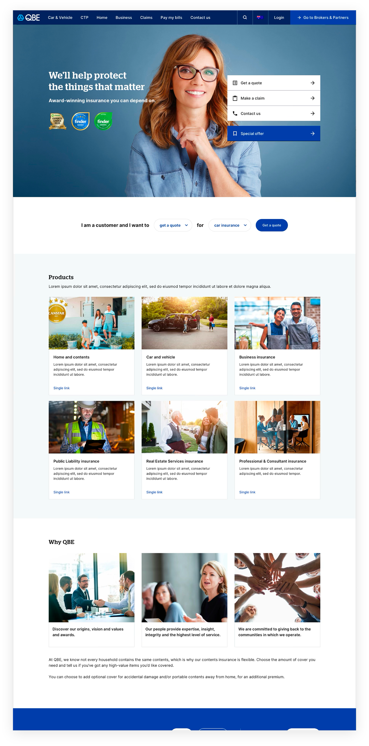 QBE customer-facing page built with the design system, with a help panel and article cards
