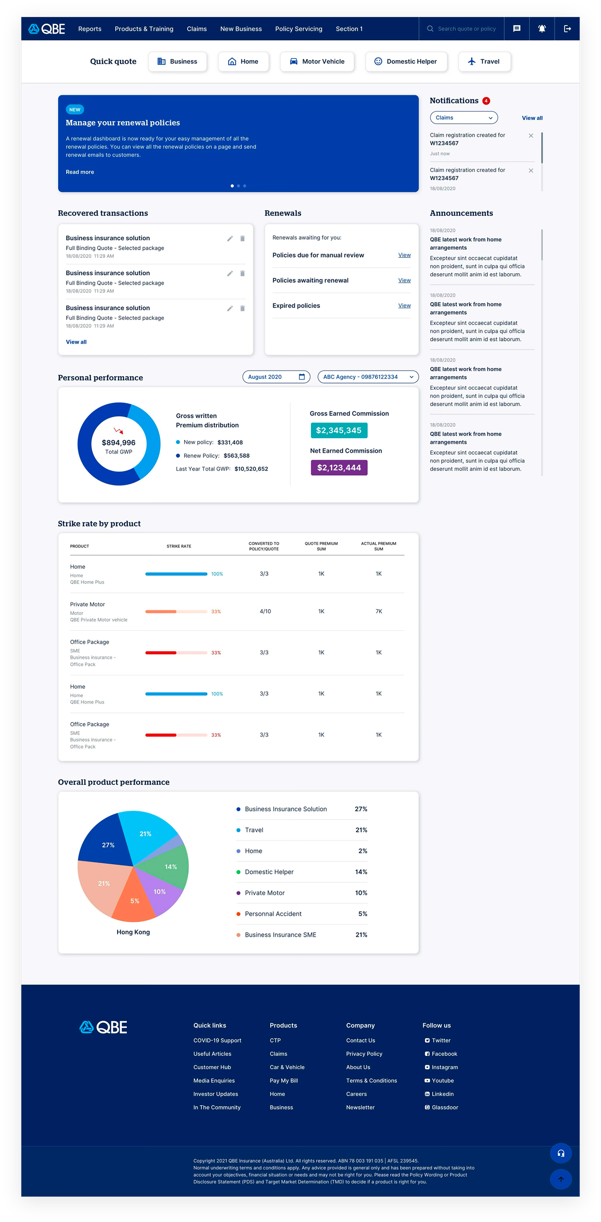 QBE reporting page assembled from design system components, with tables and charts
