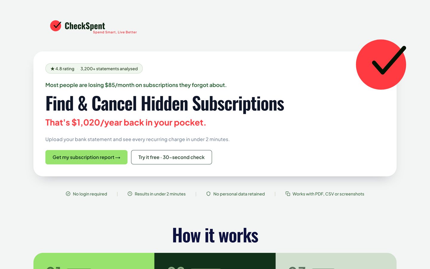 CheckSpent — Upload a bank statement, get back the subscriptions you forgot you were paying. Built with AI.