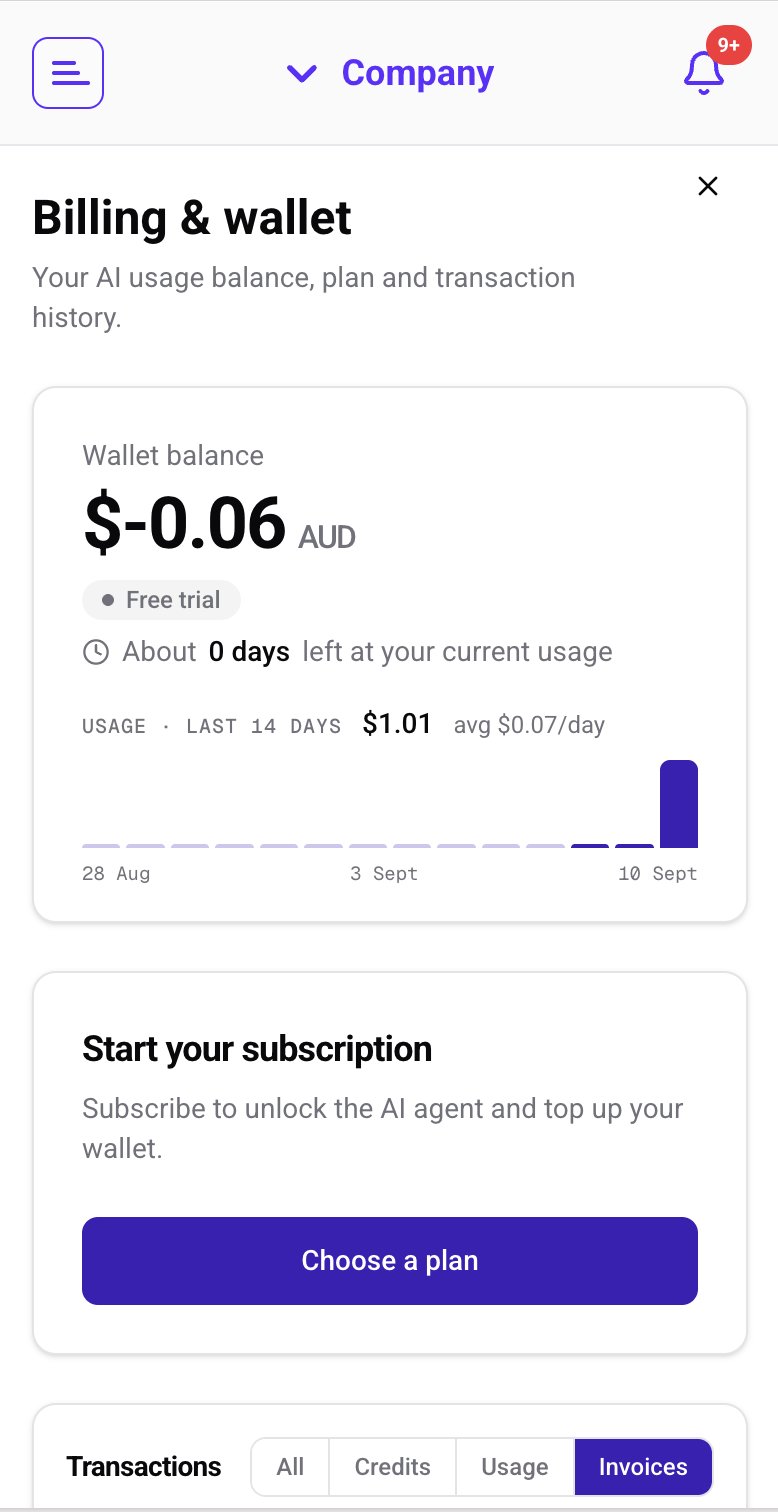 Billing and wallet in ProfitIQ on mobile