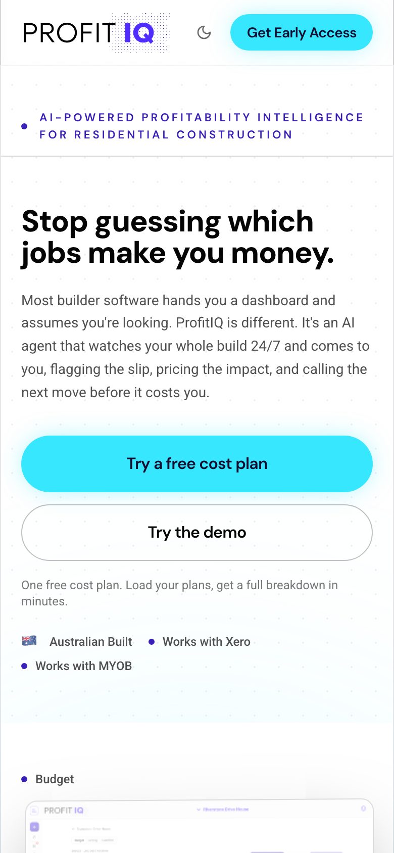 ProfitIQ landing page on mobile